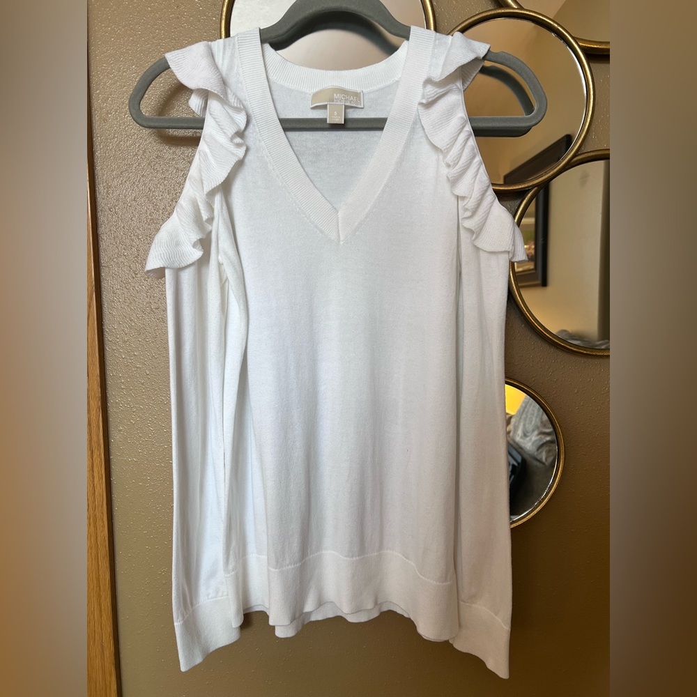 Michael Kors White Ruffle Cold Shoulder Top